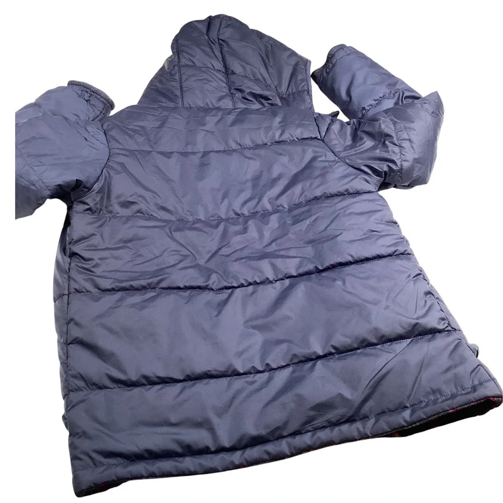 Columbia Reversible Puffer Jacket Girls L 14/16 Blue Pink Geometric Print Hooded